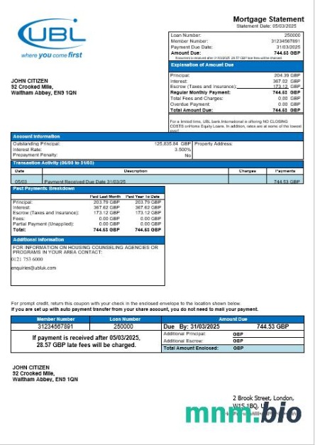 Zjednoczone Królestwo United Bank Ltd (UBL) wyciąg z kredytu hipotecznego w formatach Word i PDF